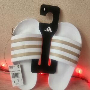 Adidas White and Brown Adilette Slides